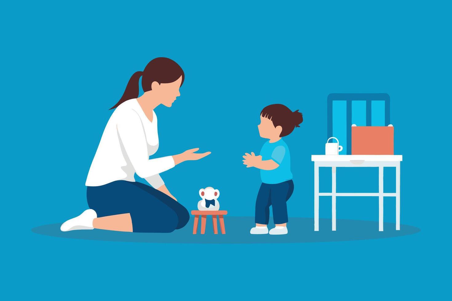 A nursery teacher talking to a child in the kids' space isolated flat illustration. vector