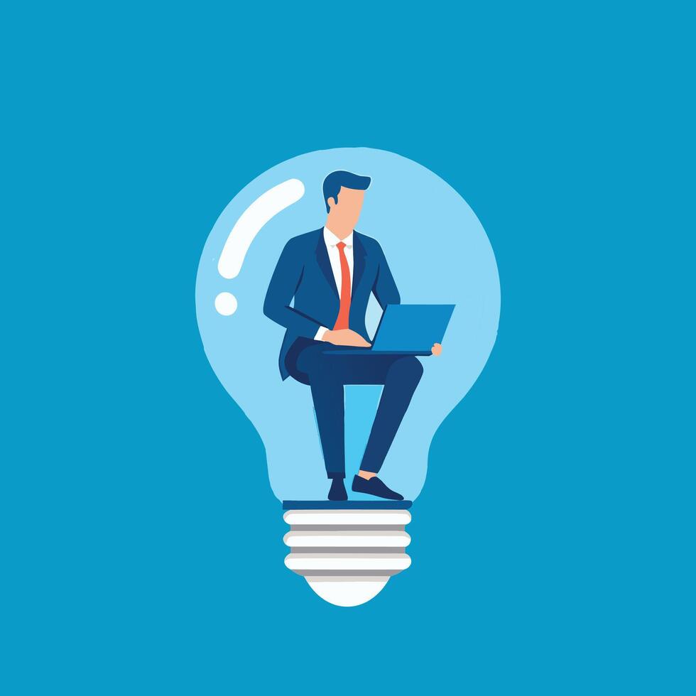 Business man perched on a light bulb, using a laptop, representing bright ideas isolated flat illustration vector