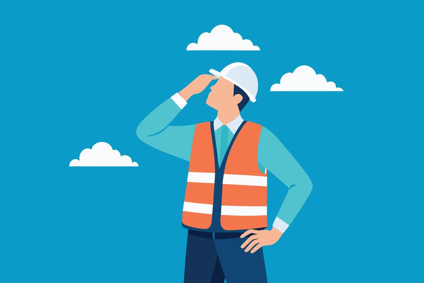 Engineer worker looking up at the blue sky isolated flat illustration vector