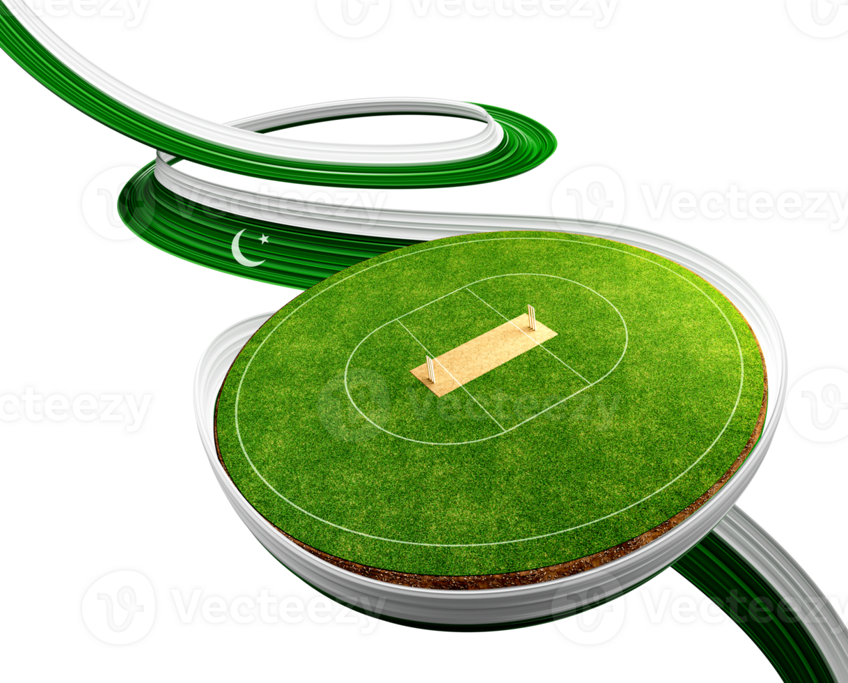 3d Wavy Ribbon Flag Of Pakistan With Cricket Stadium Grass Cricket Pitch Game Field 3d Illustration png