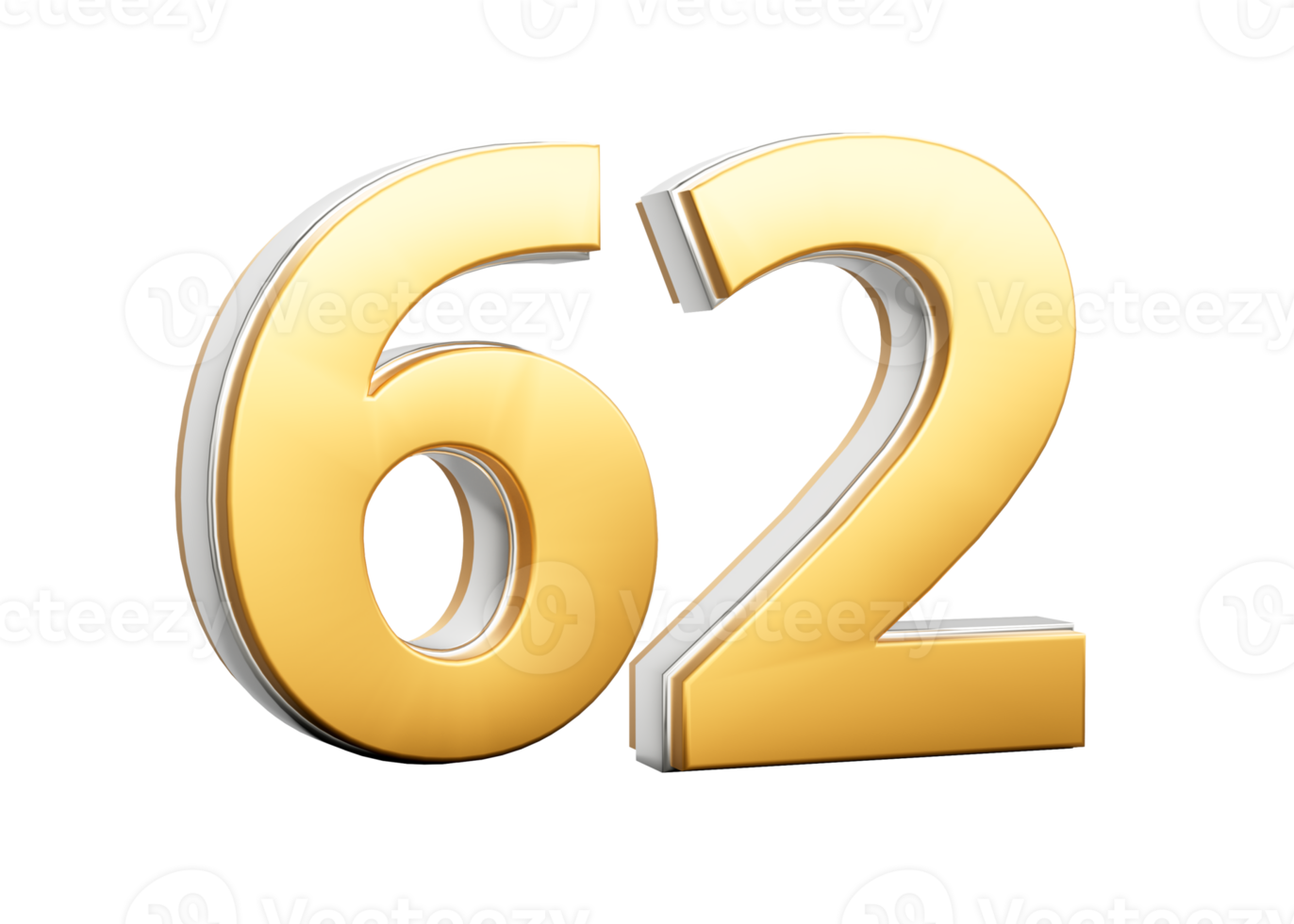 3D Golden Shiny Number 62 Sixty two With Silver Outline 3D Illustration png
