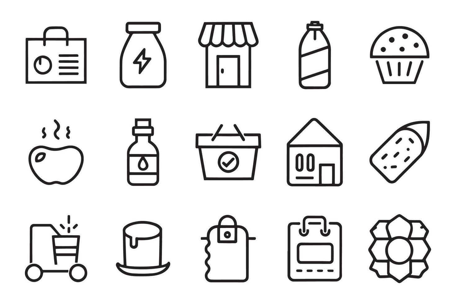 Supermarket, milk, cheese, eggs, free delivery, bread, vegetables, related editable icon set isolated flat illustration white background. vector