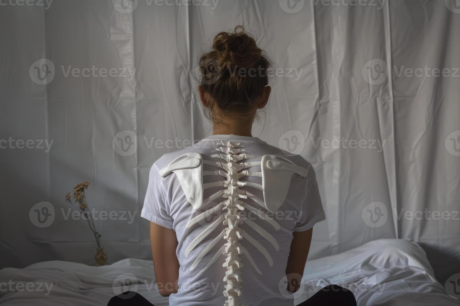 Woman wearing anatomical spine sitting on bed photo