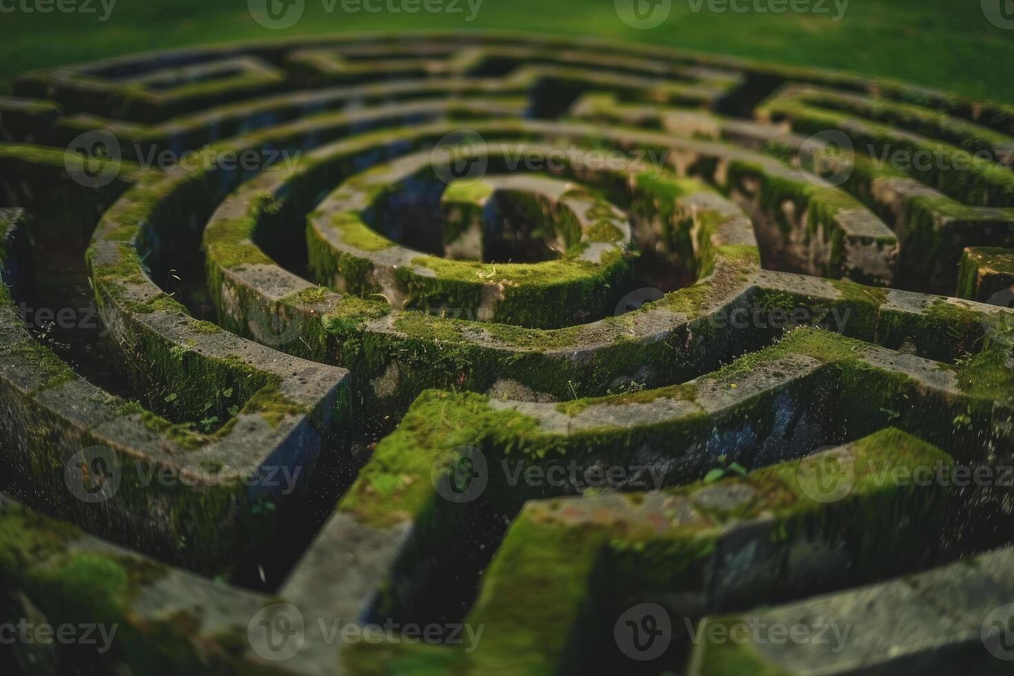 Stone labyrinth covered in green moss creating intriguing shapes photo