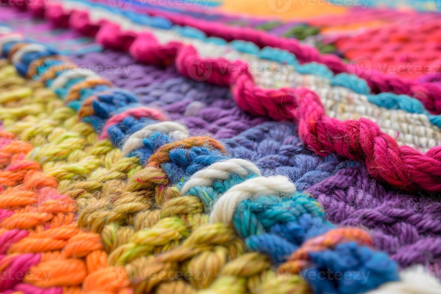 Colorful knitted wool fabric with thick yarn creating abstract pattern photo