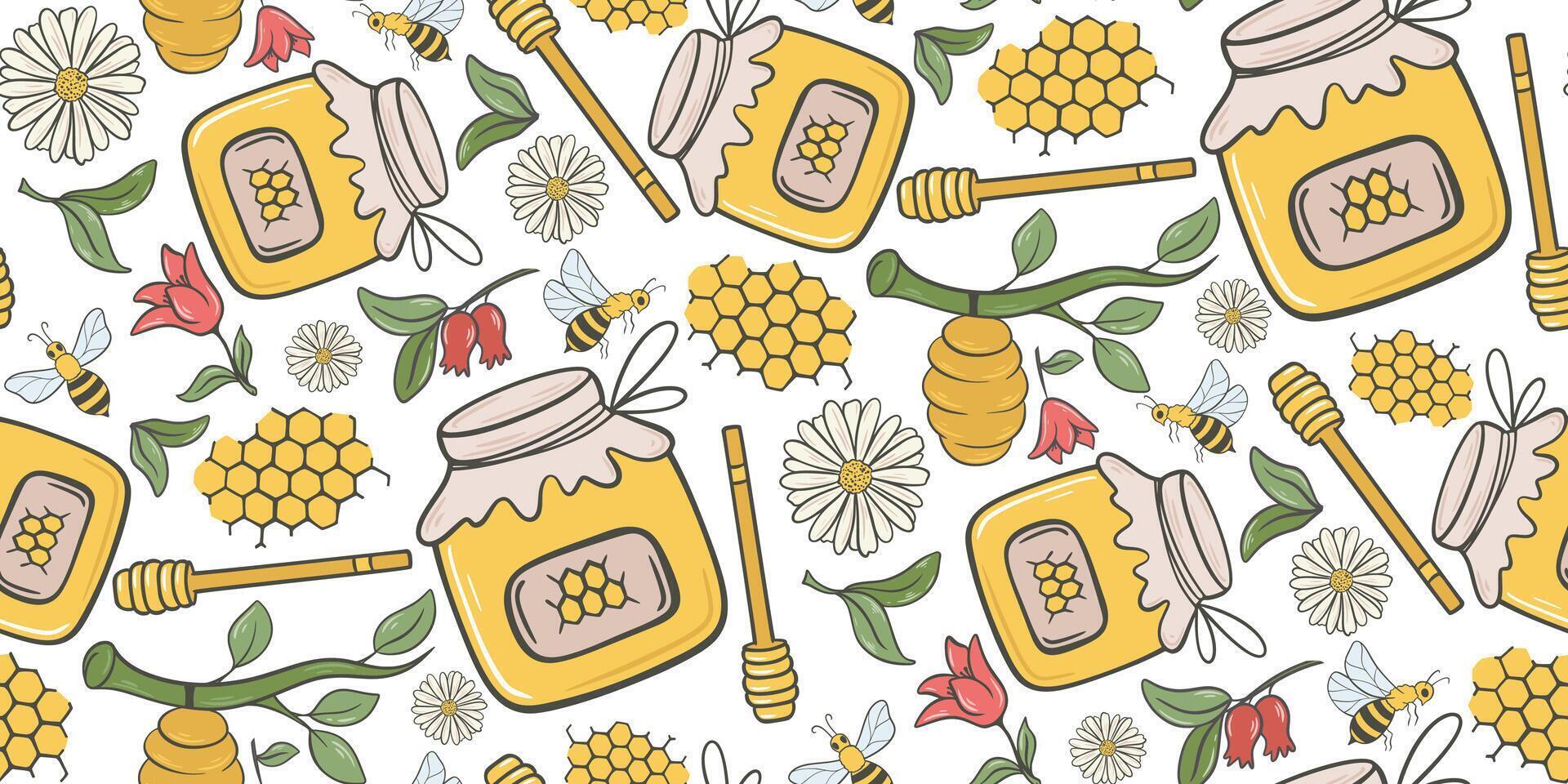 Colorful honey seamless pattern with hand drawn elements vector