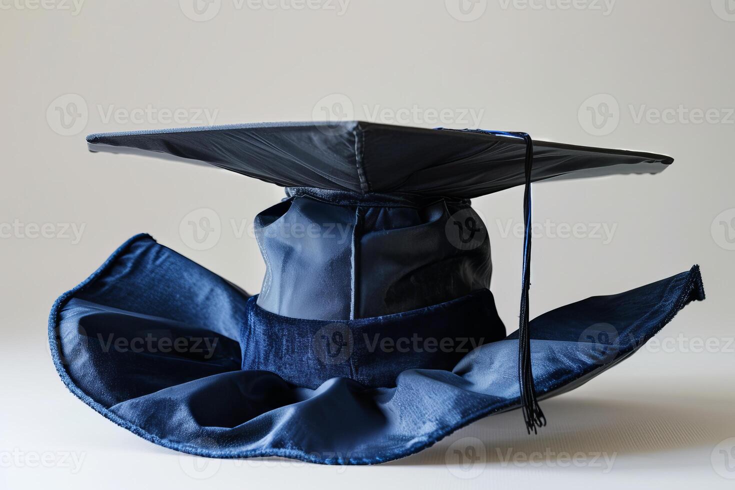Blue graduation cap and gown resting on a white background photo