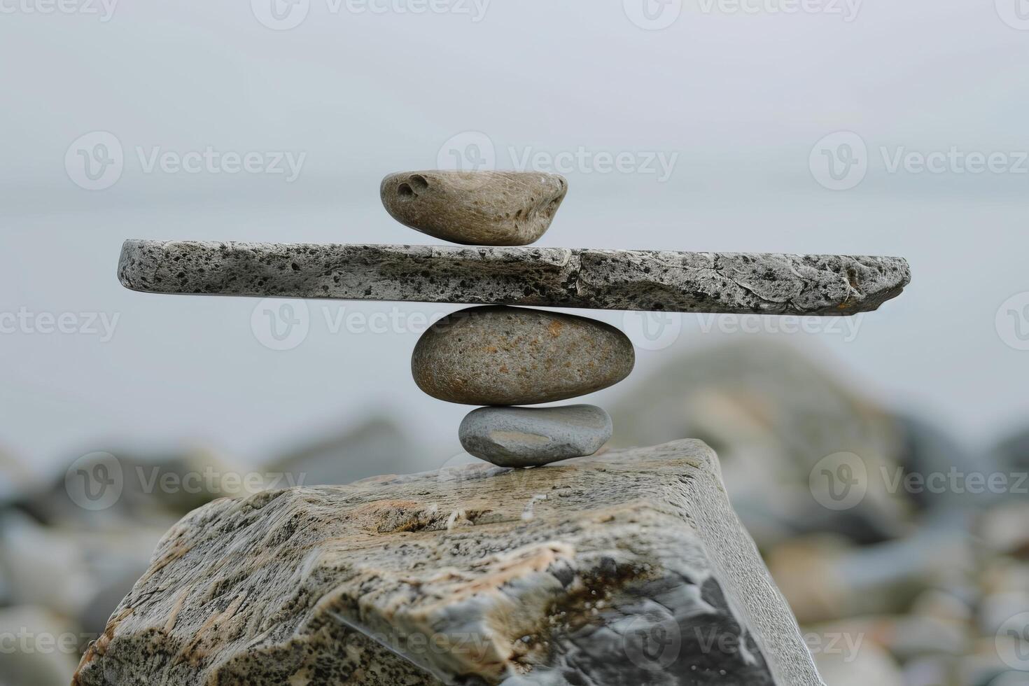 Balancing rocks forming a zen like sculpture by the water photo