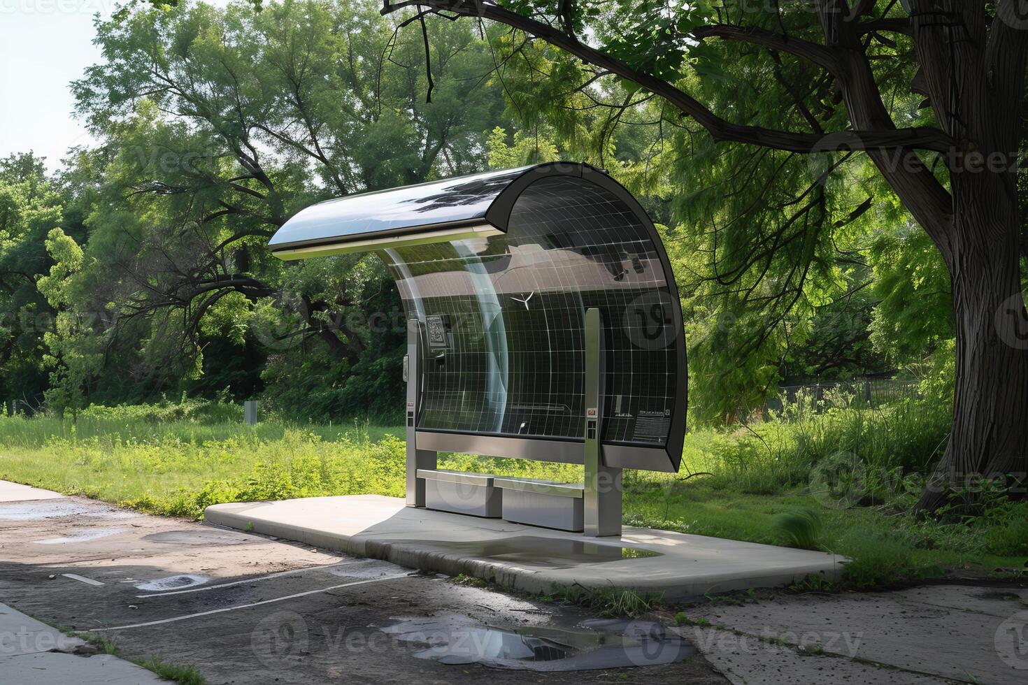 Modern solar powered bus stop standing on concrete in the countryside photo