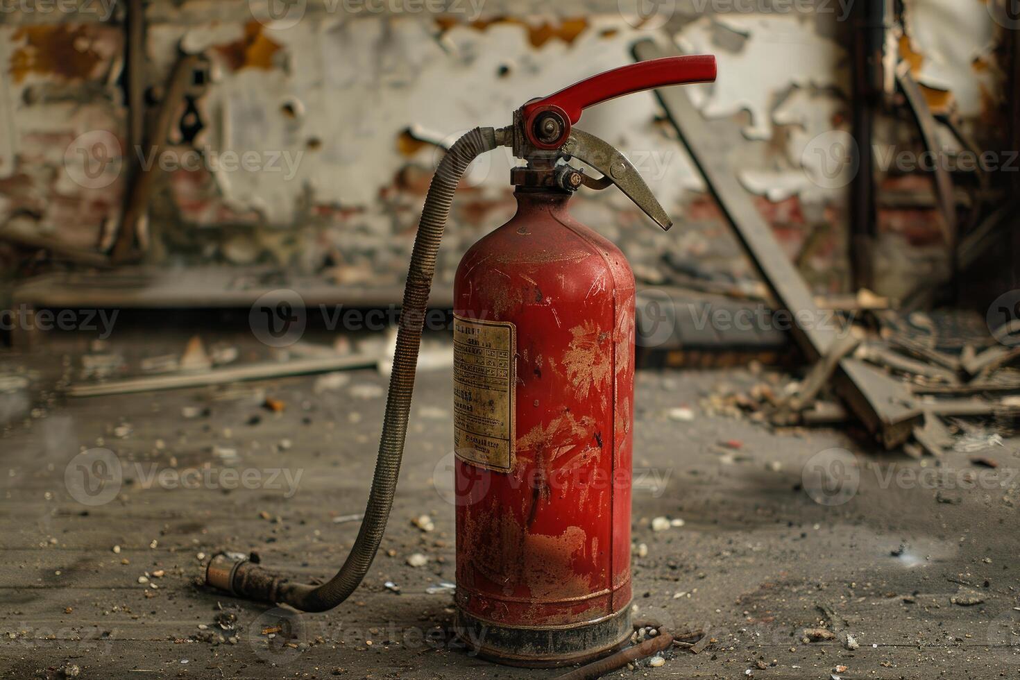 Old red fire extinguisher standing on dirty ground in a demolished building photo