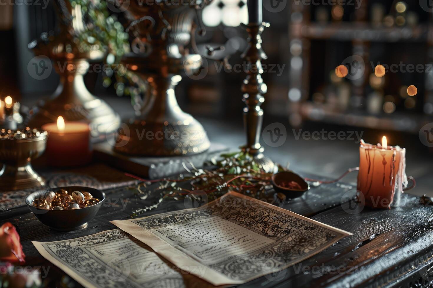 Ancient book lying on desk with candlesticks and golden potion ingredients surrounded by plants photo