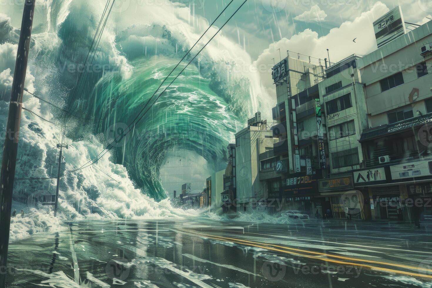 Giant waves are destroying everything, tsunami is flooding the city photo