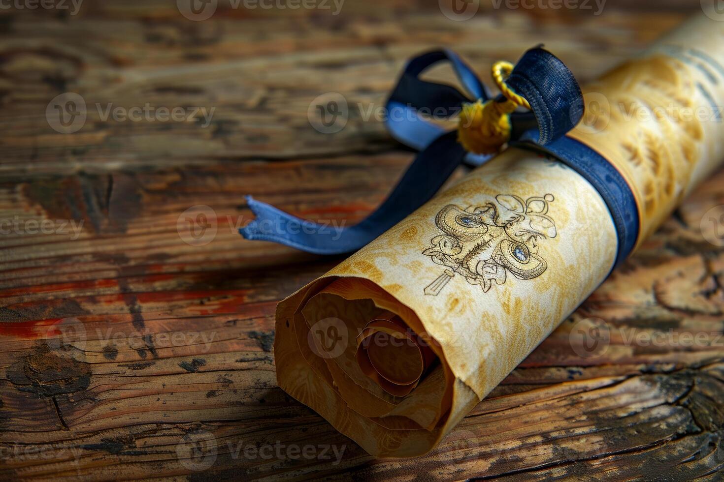 Ancient rolled paper document with blue ribbon and golden seal lying on wooden table photo