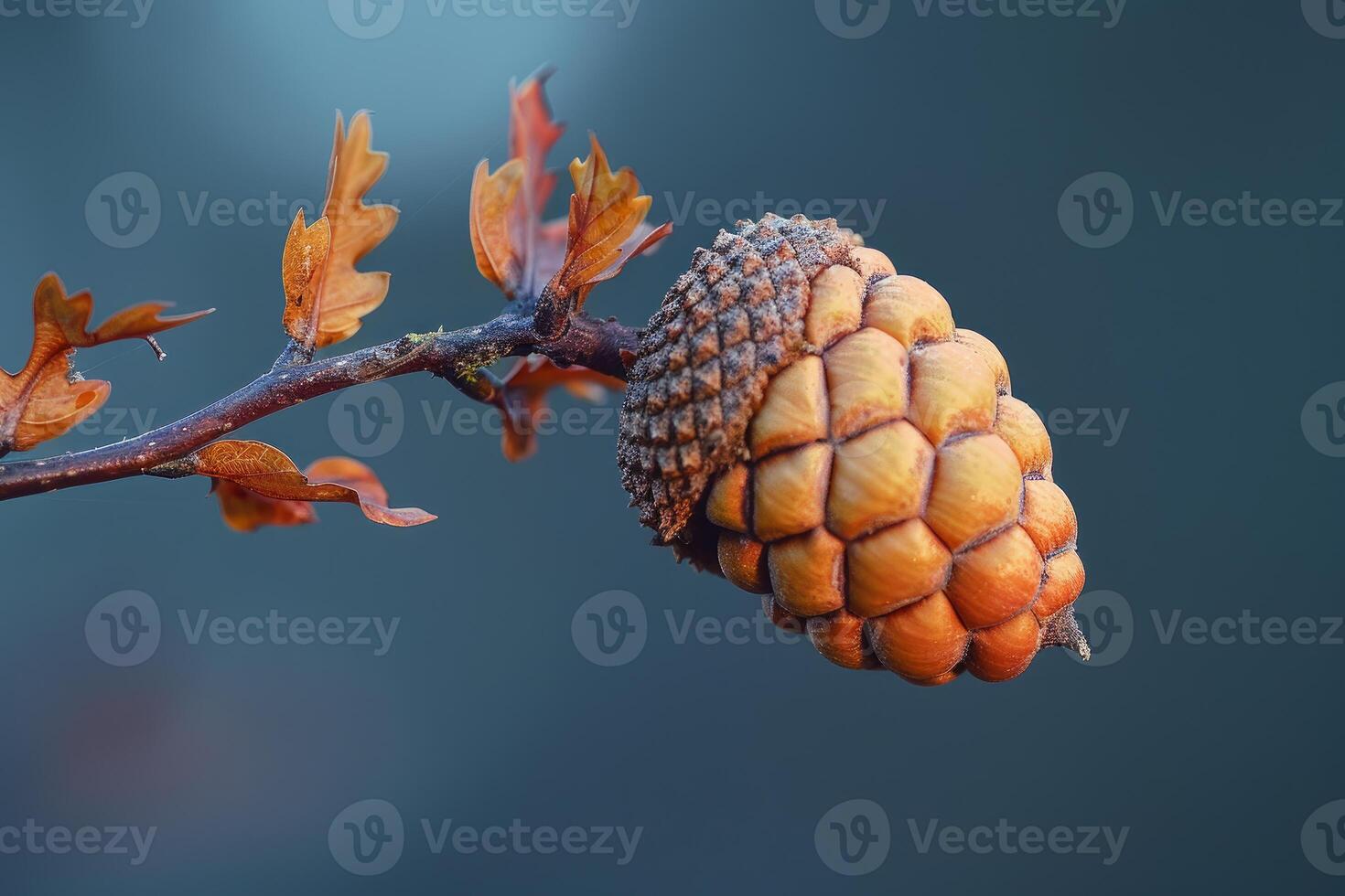 Acorn hanging from branch with dried oak leaves in autumn photo