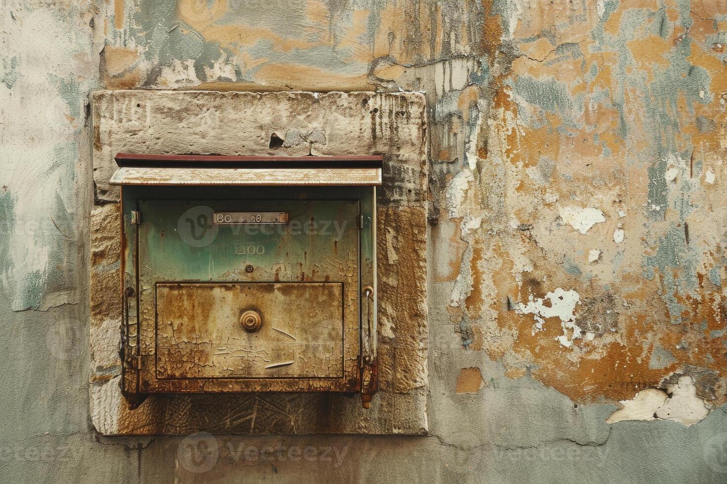 Old rusty mailbox hanging on a textured wall photo