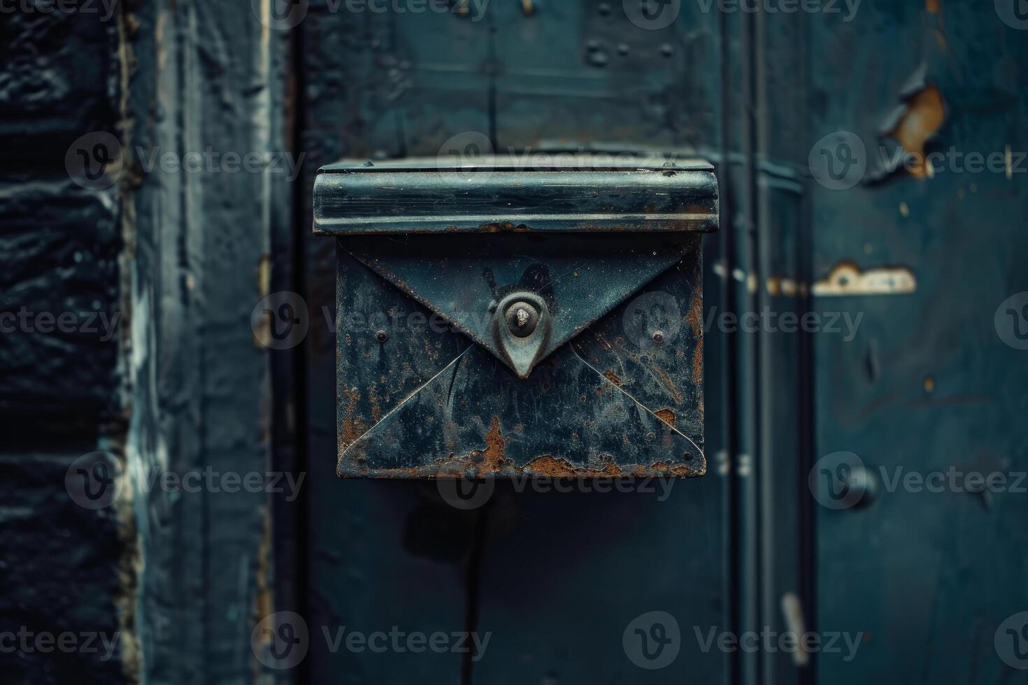 Old rusty mailbox hanging on a blue door representing traditional communication photo