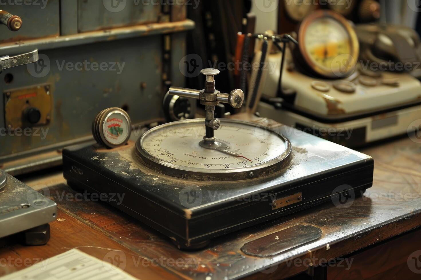 Old dusty precision measurement tool on a workbench photo
