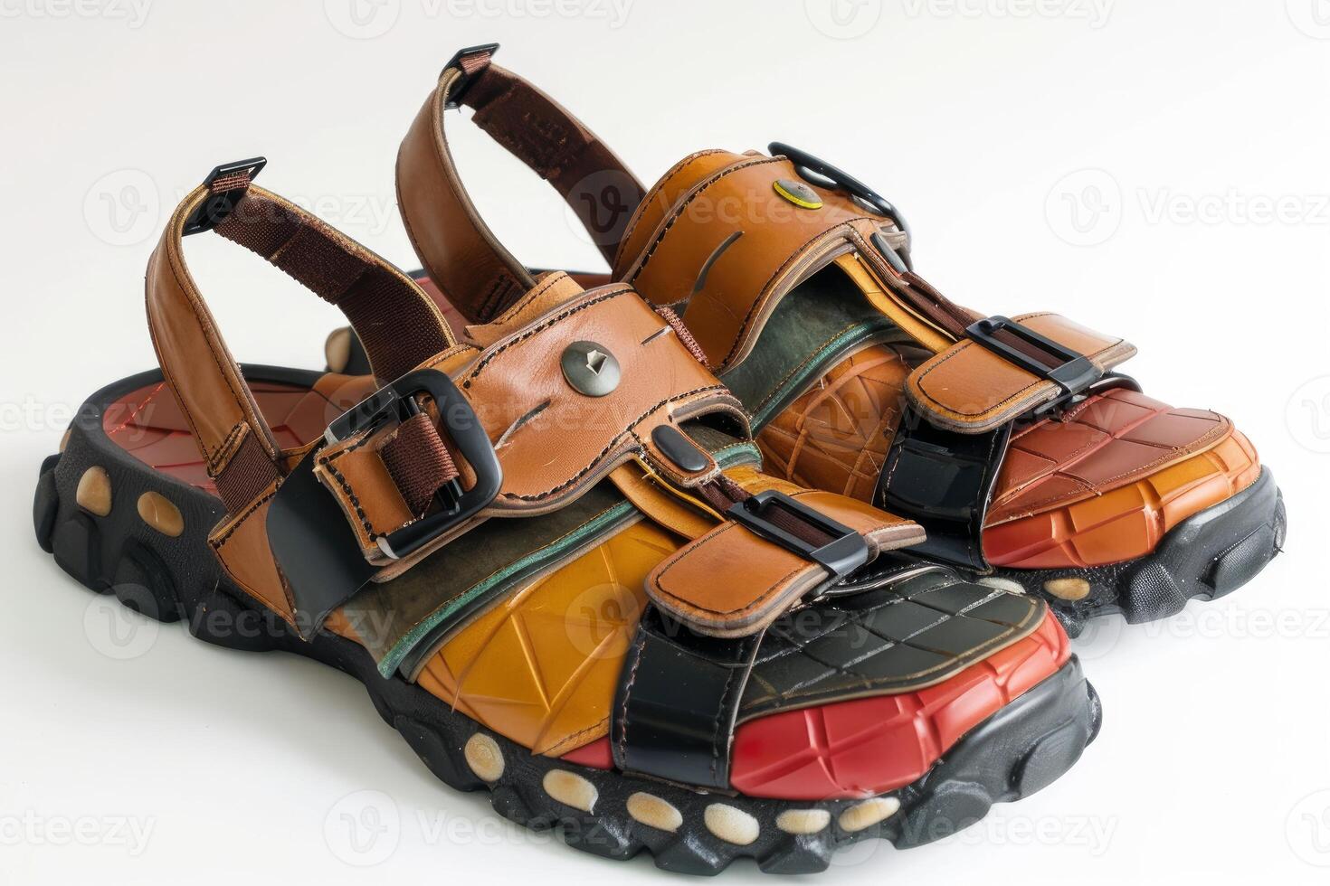 Pair of modern hiking sandals isolated on white background photo