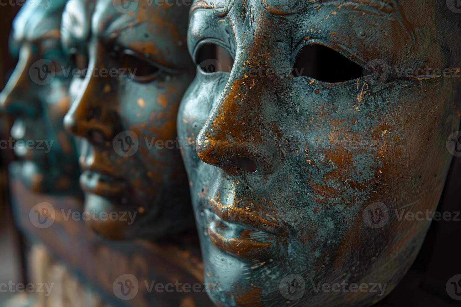 Row of metal masks expressing different emotions photo