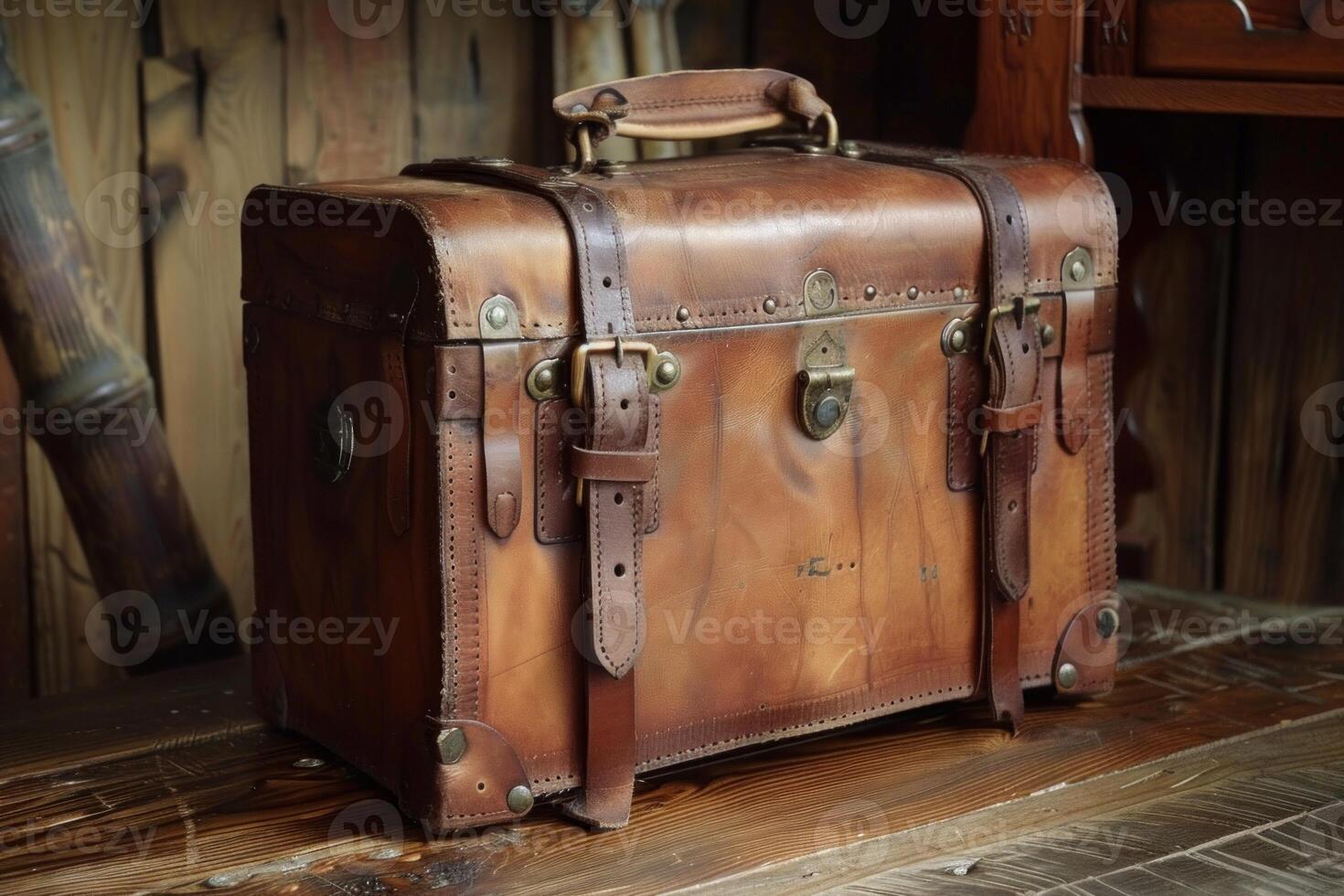 Old leather suitcase sitting on rustic wooden surface photo