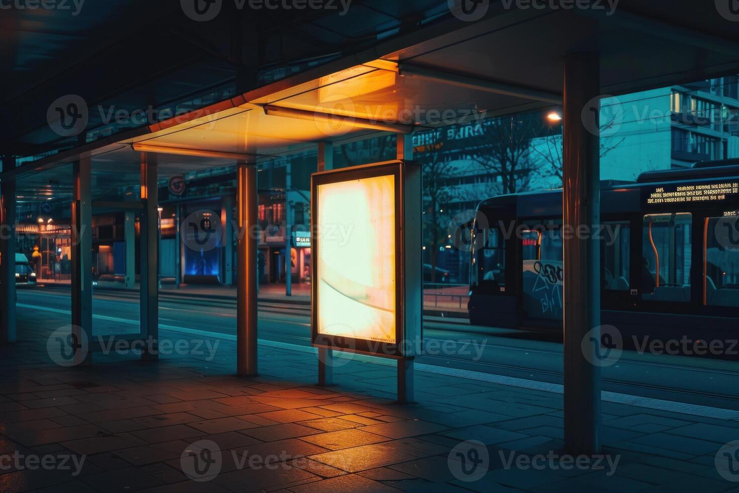 Empty billboard lighting up tram stop at night photo