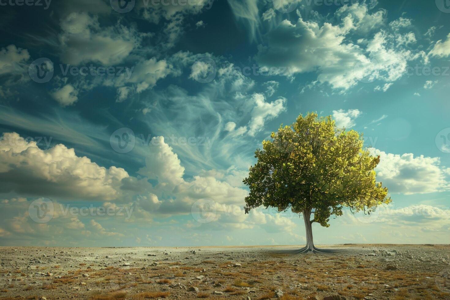 Lonely tree standing on dry land under cloudy sky photo