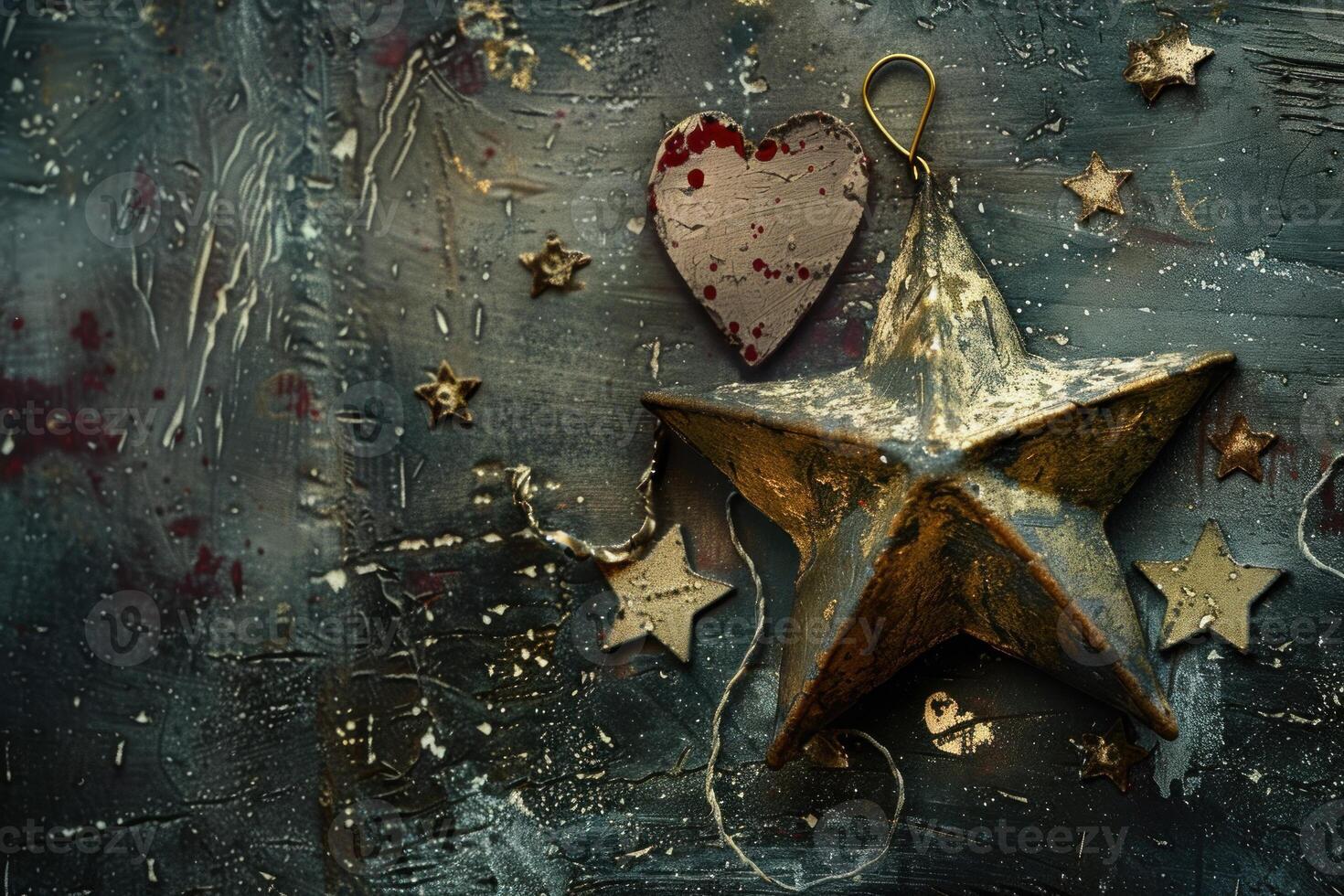 Christmas star and heart decorations on dark wooden background photo
