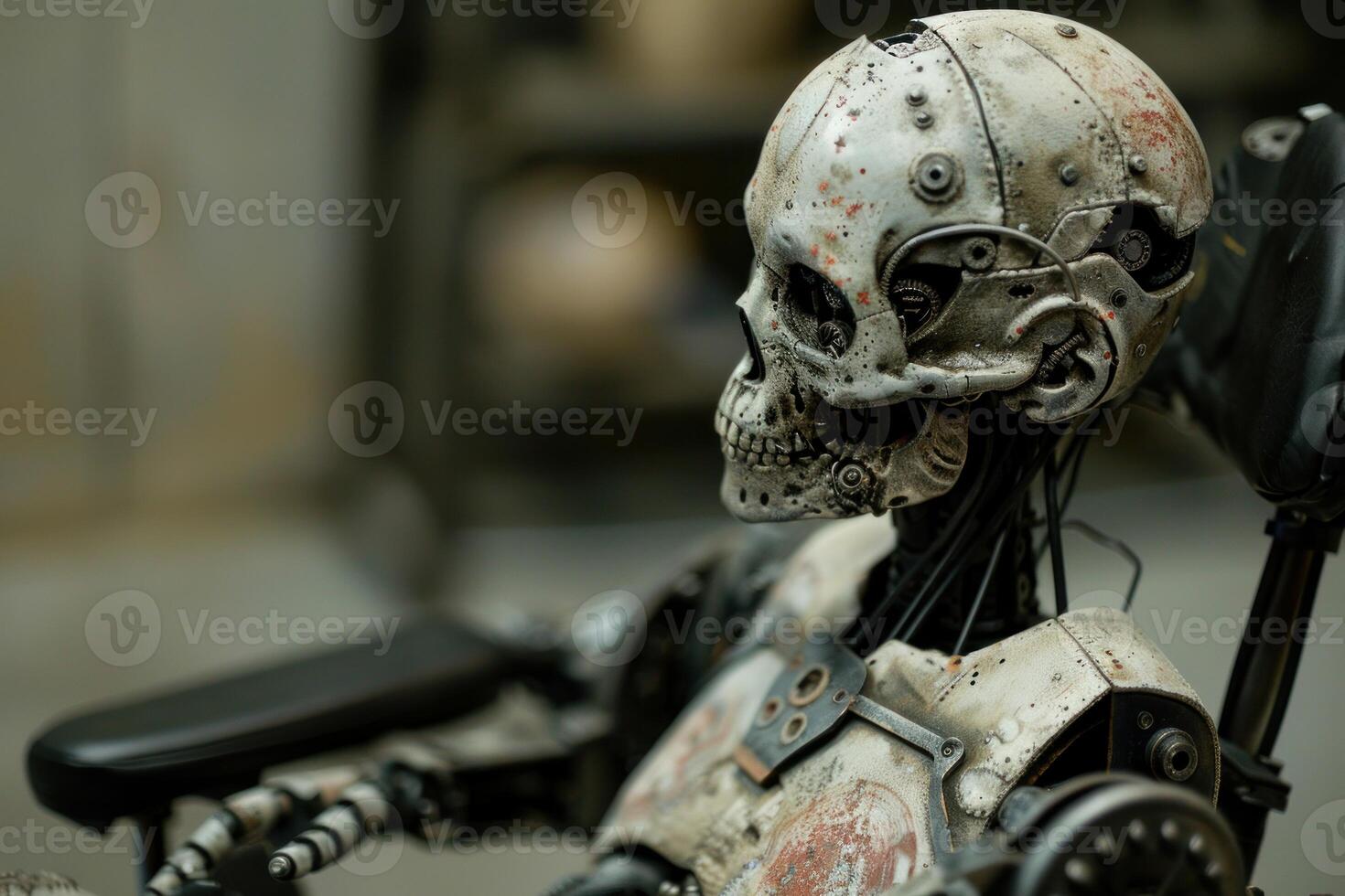 Damaged futuristic cyborg sitting in dark room photo