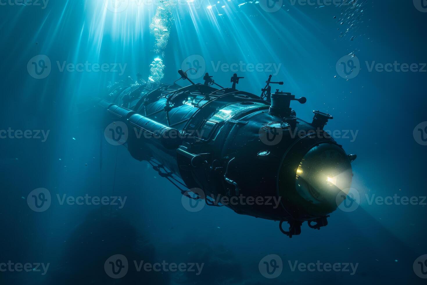 Submarine exploring the depths of the ocean with bright headlight photo