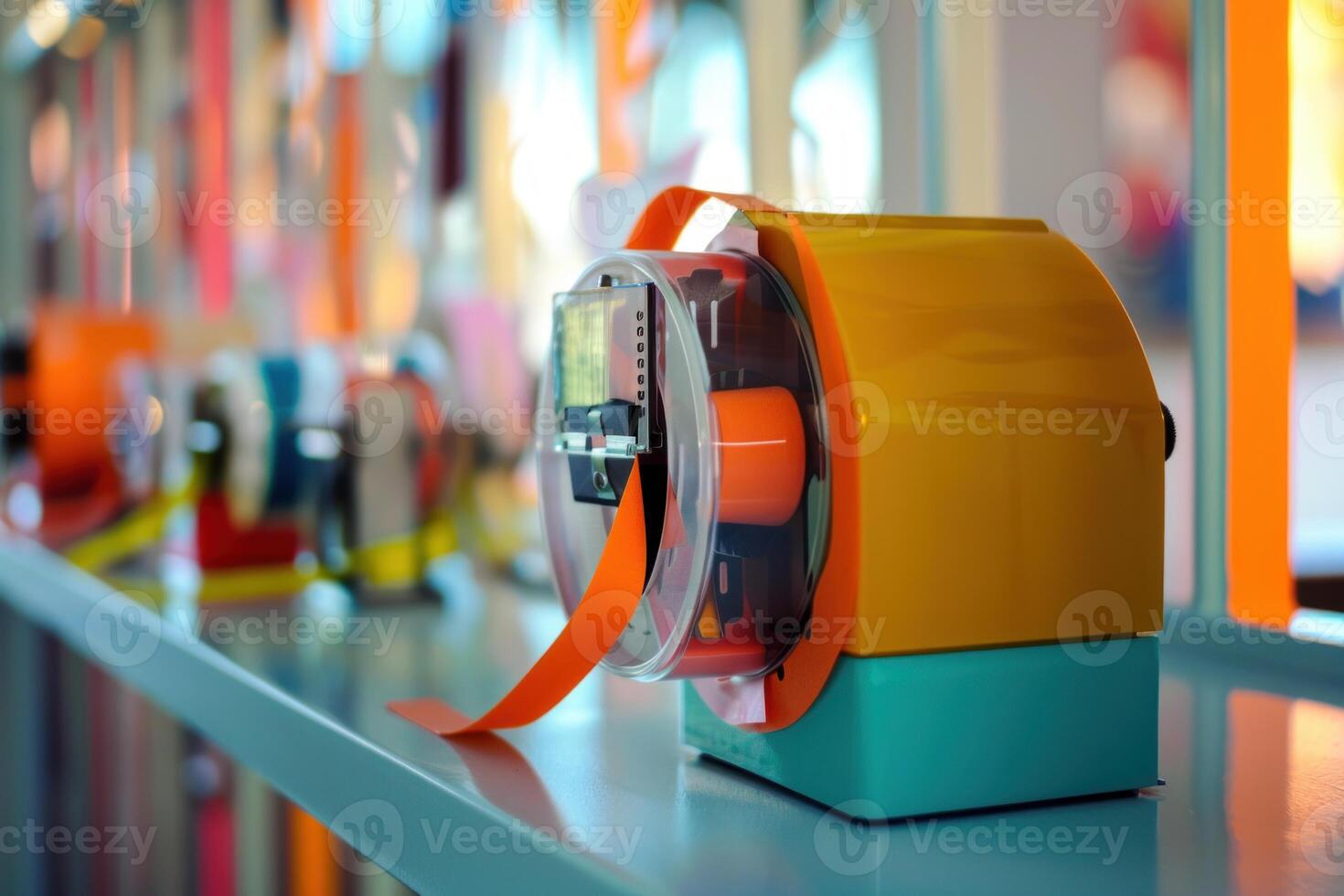 Orange and teal label maker standing on blue desk with others blurred in background photo