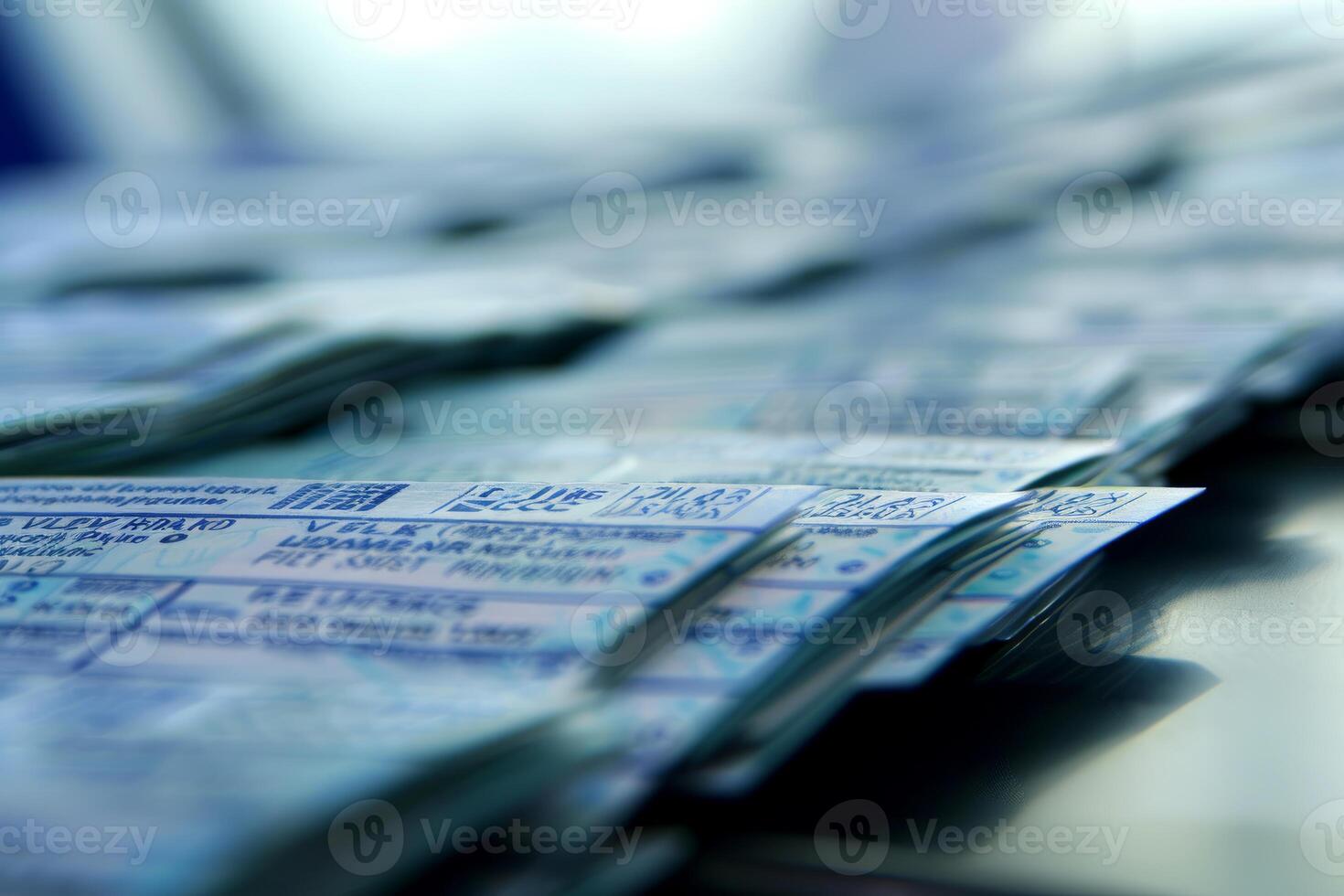 Stack of airplane tickets lying on a table in airport photo