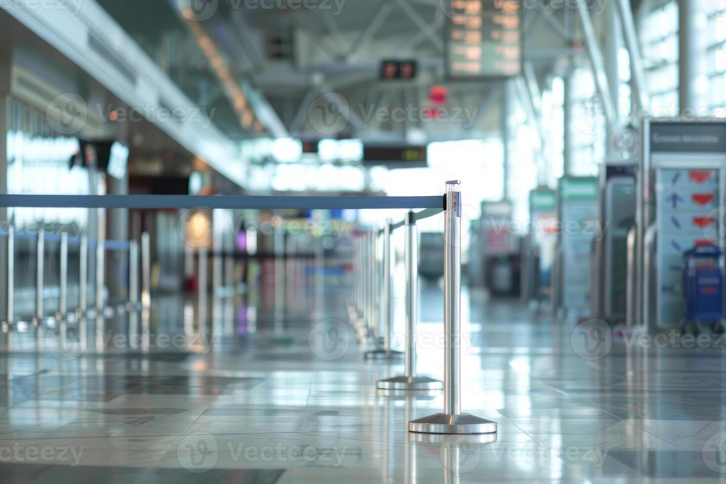 Empty airport terminal with check in counters and security check point in the background photo