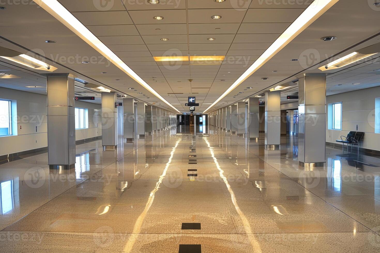 Empty airport terminal corridor with polished floor reflecting light photo
