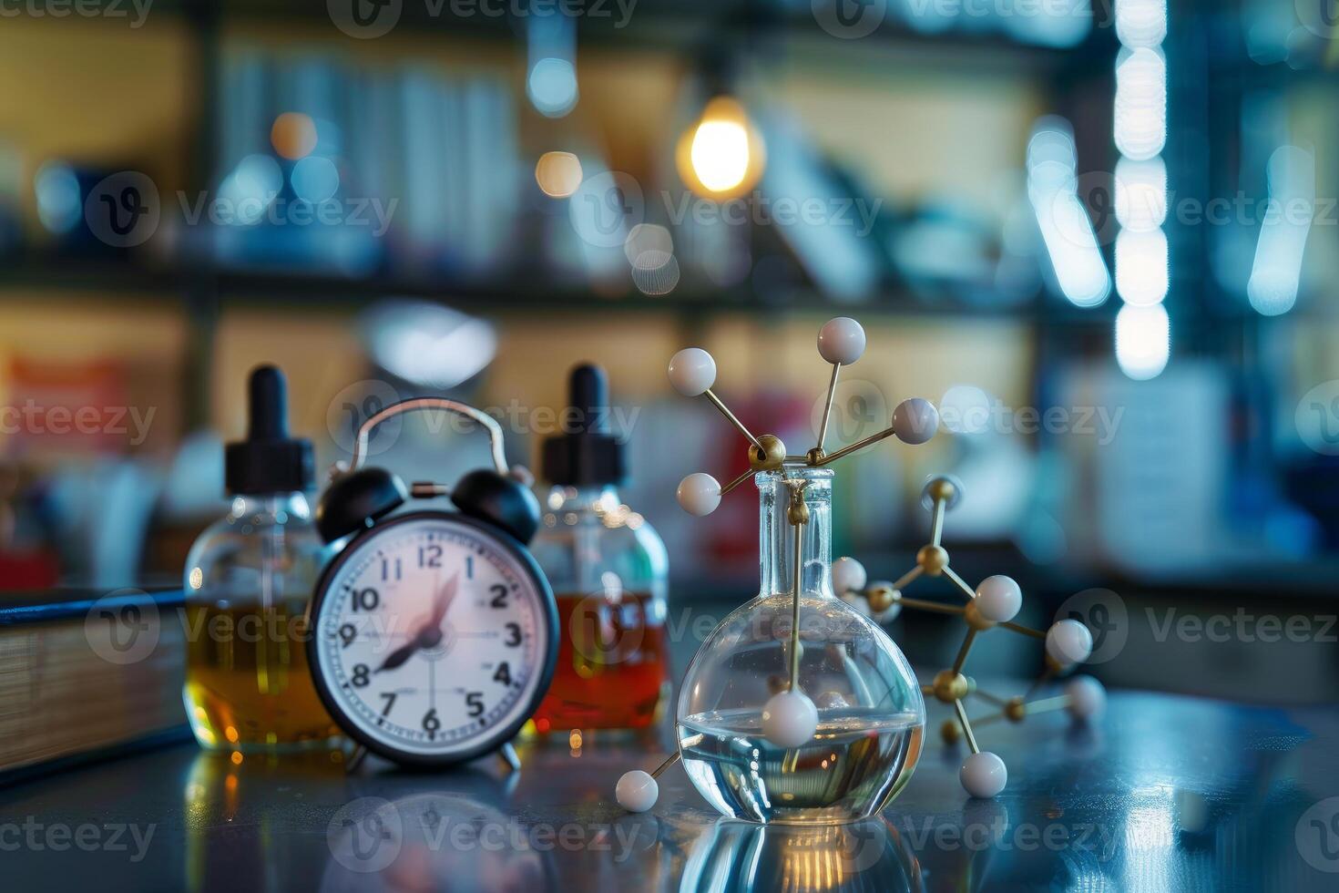 Clock is ticking in a science laboratory with chemical flasks and molecules model photo