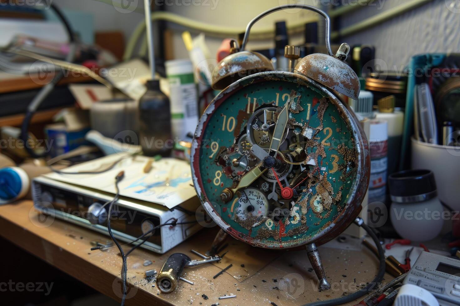 Old broken alarm clock showing its cogs is standing on a workbench photo