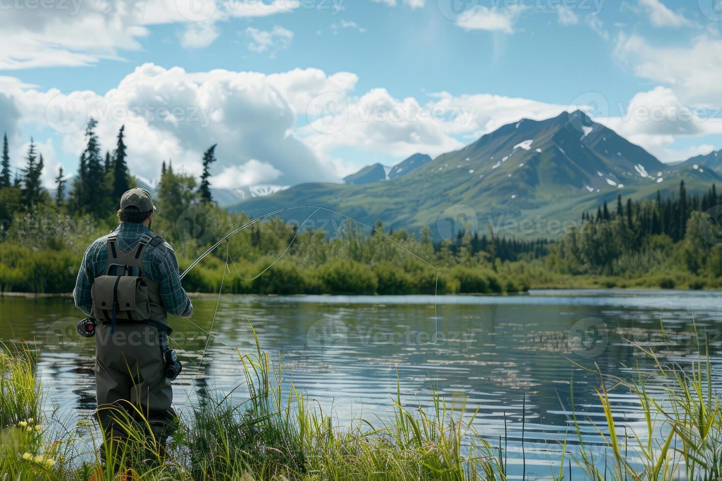 Fisherman casting fly rod in pristine mountain lake, enjoying the serenity of nature photo