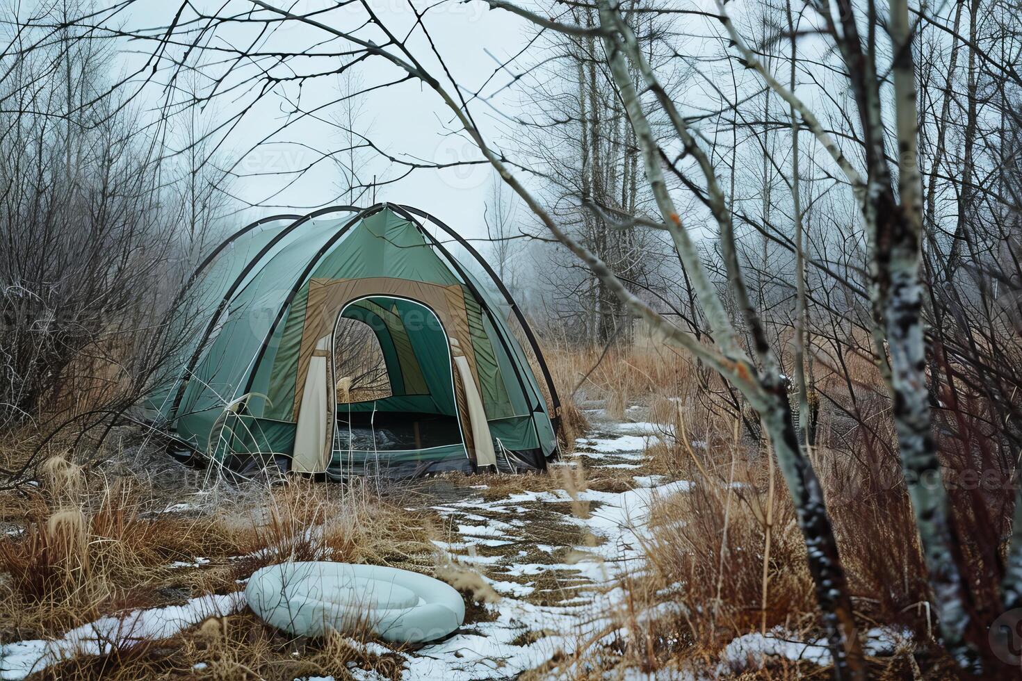 Camping tent standing on snowy ground in birch forest during winter photo