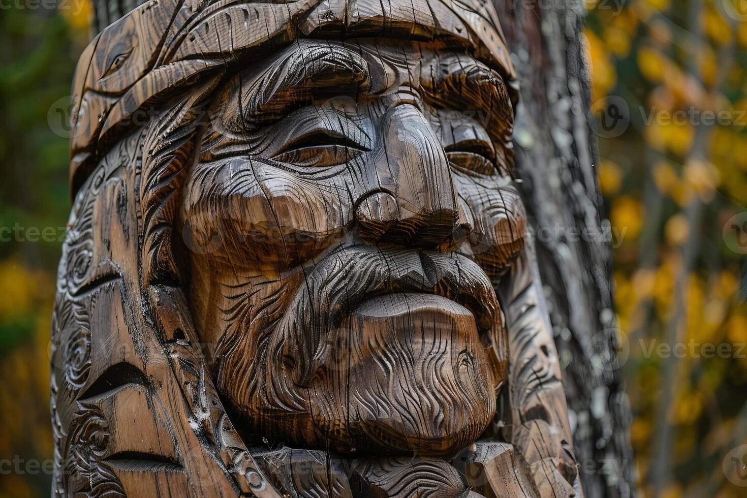 Wooden statue of bearded man with crown carved from tree trunk photo