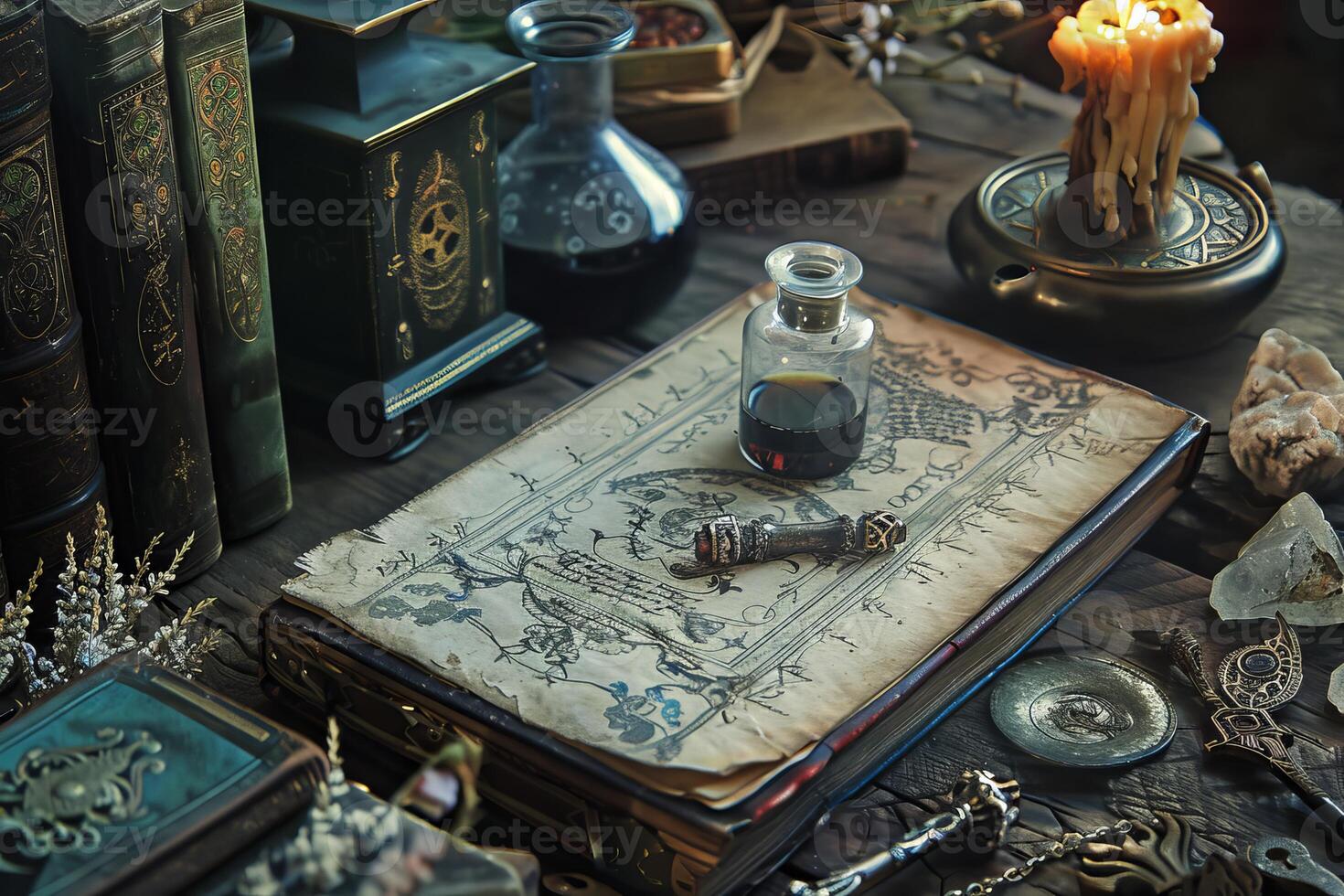 Open grimoire lying on a table with magic potion and candle burning photo