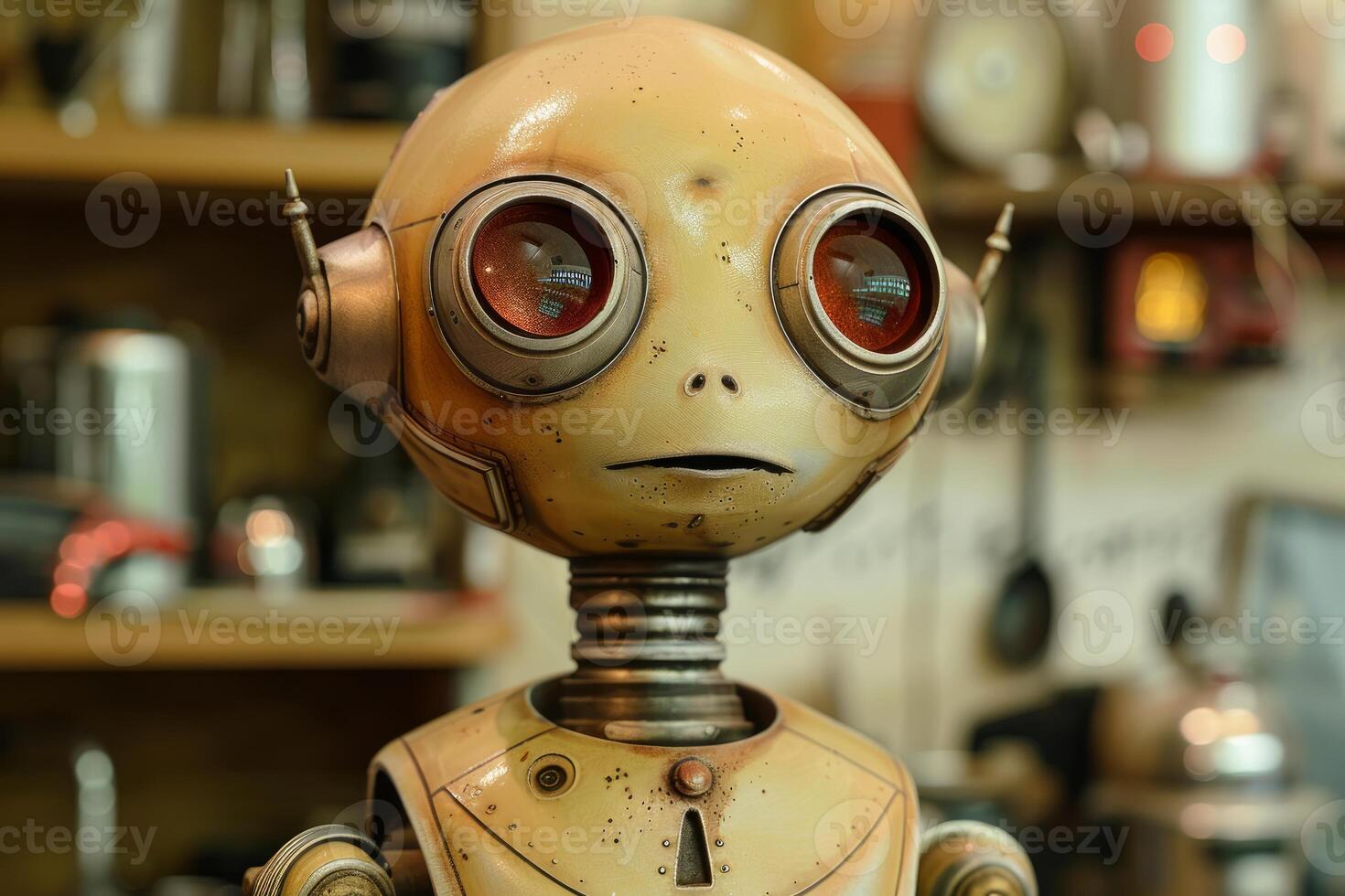 Vintage toy robot looking up with big eyes and curious expression photo