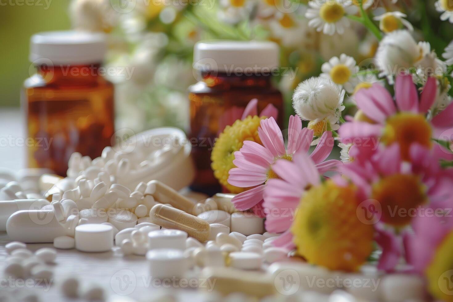 Homeopathy treatment with bottles, herbs and pills creating a soft background photo
