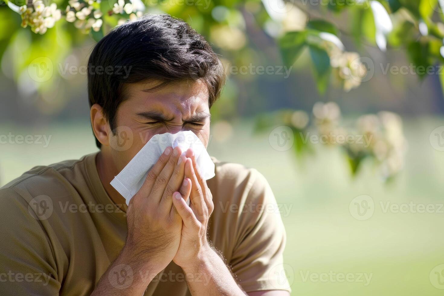 Young man suffering from allergies sneezing in a park photo