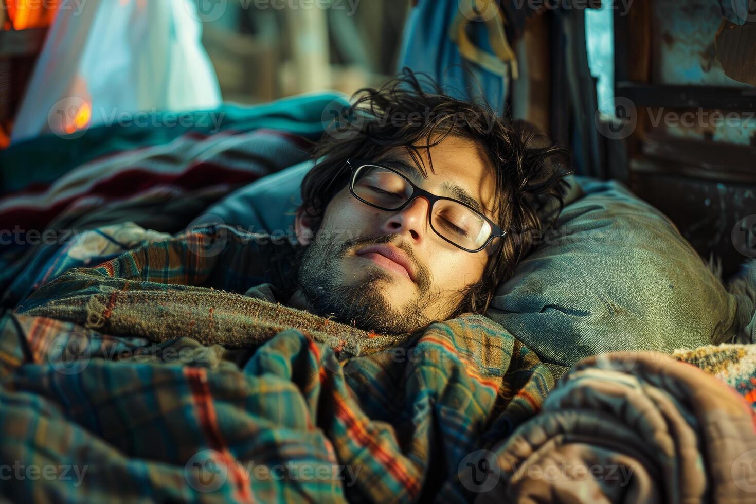 Young artist is taking a nap in his van photo