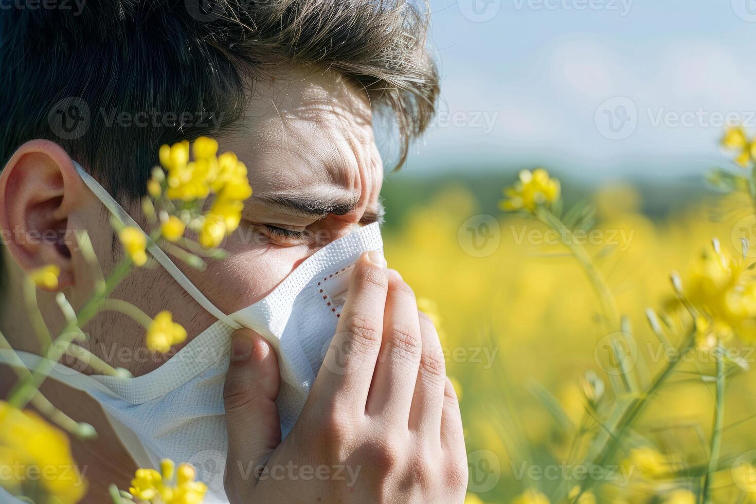 Young man wearing protective mask sneezing in a field of yellow flowers photo