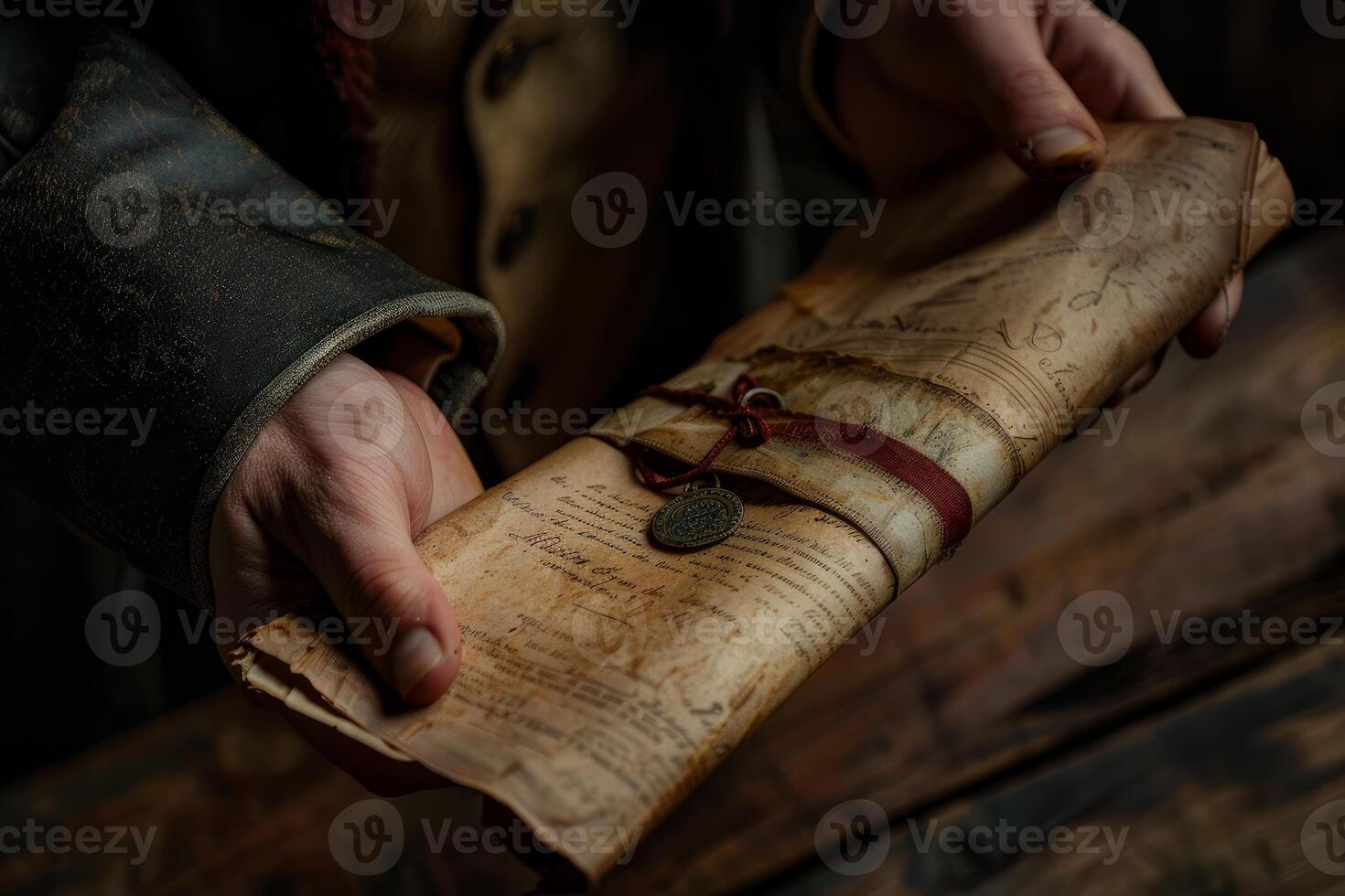 Historian holding old scroll with wax seal and ribbon photo