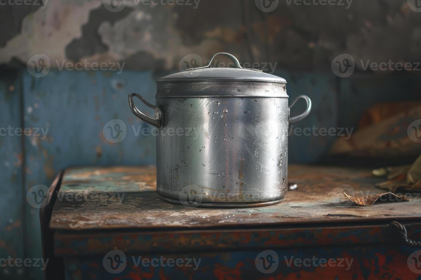 Old metal pot with a lid, sitting on a rusty surface photo