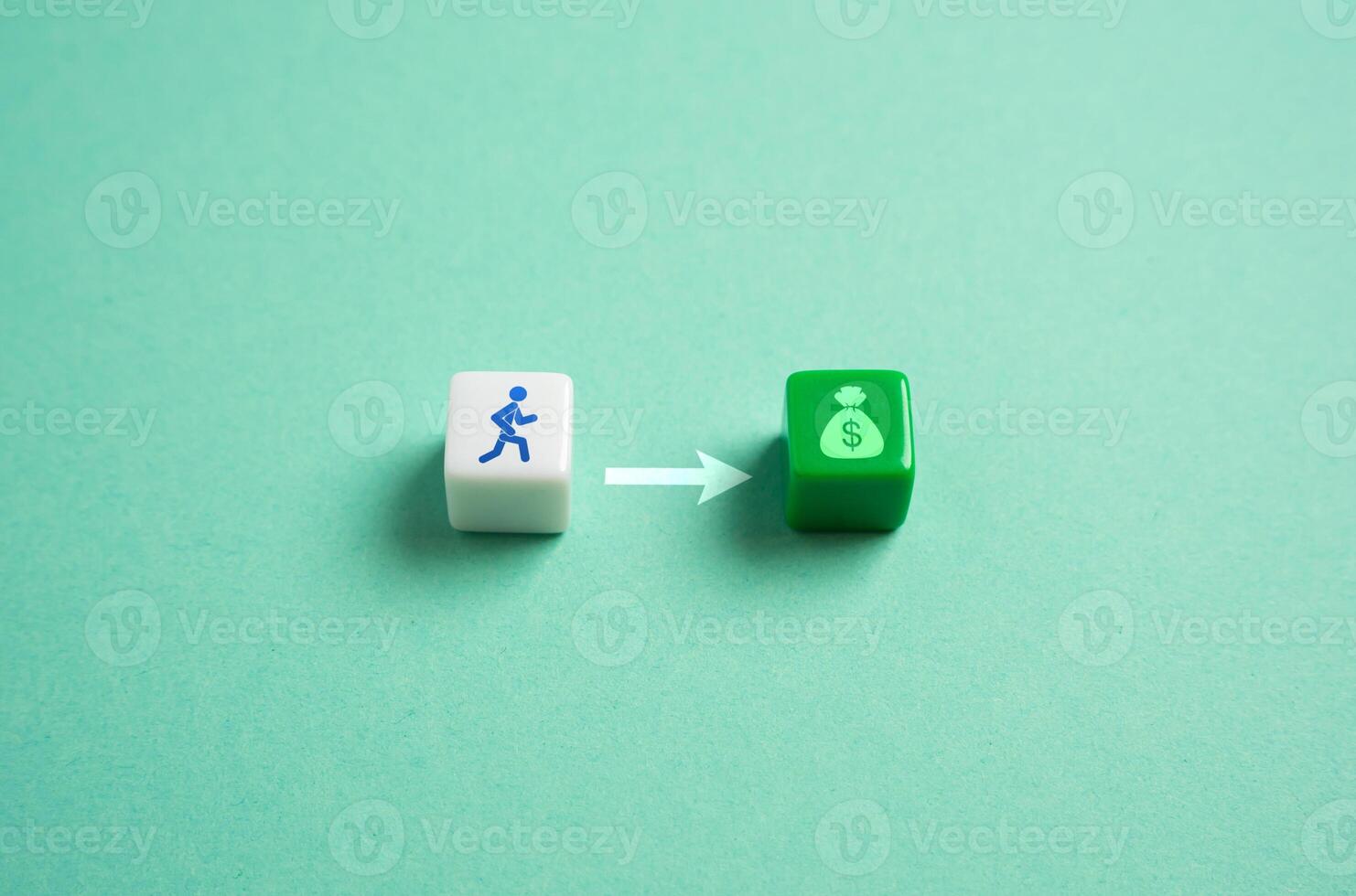 Man runs towards money, concept. In the race for profit. Attracting new employees with high salaries, bonuses and allowances. The desire to earn more money. The desire to get rich. Labor resources. photo