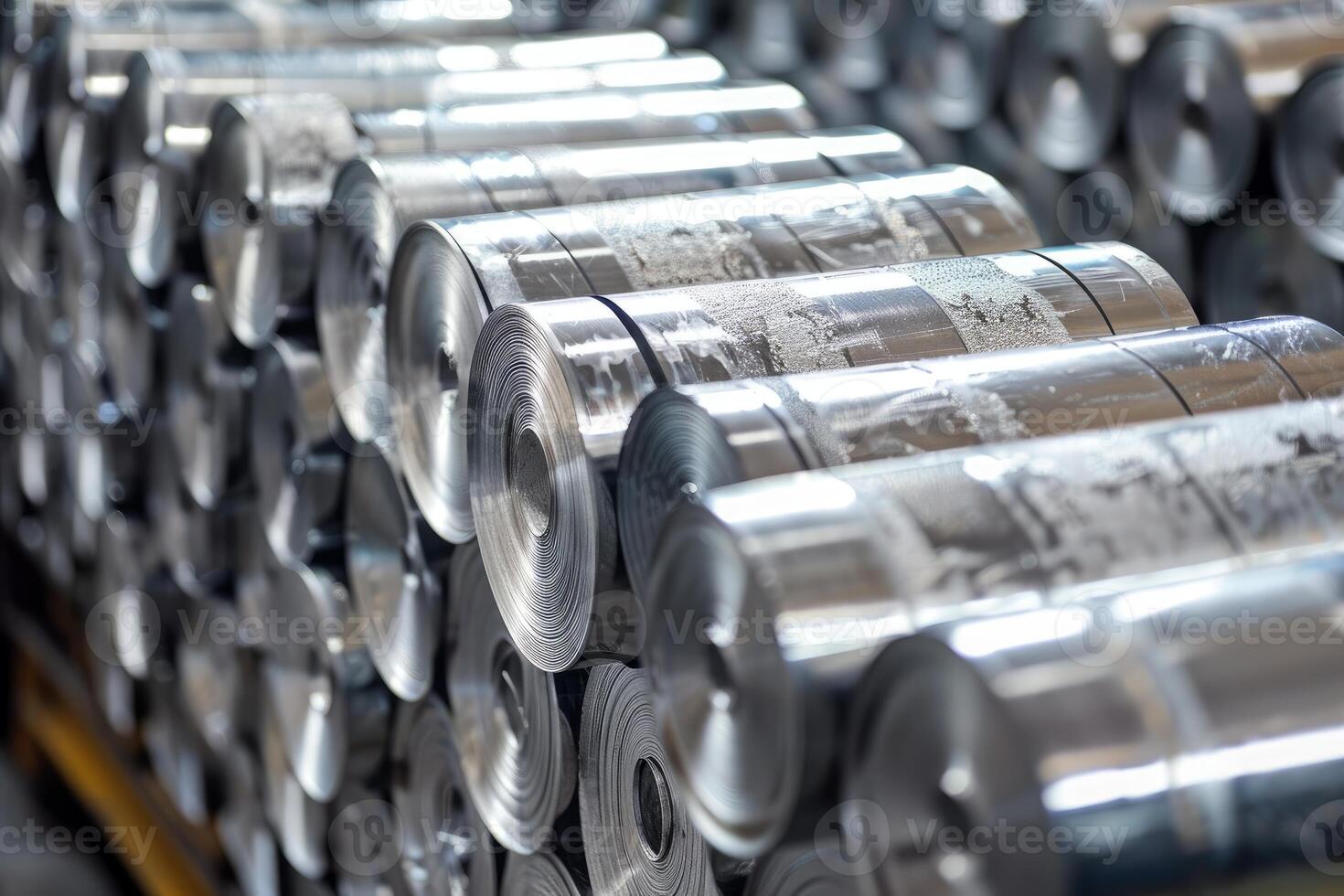 Rolls of sheet metal stacked in warehouse of metalworking factory photo