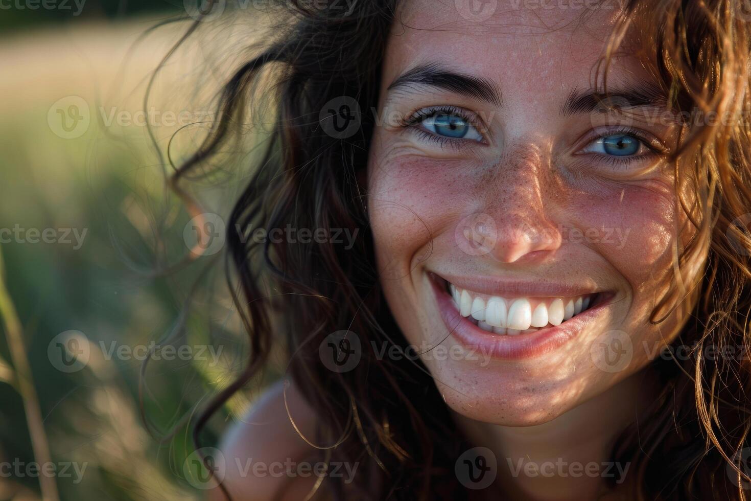 Radiant smile in golden hour light photo