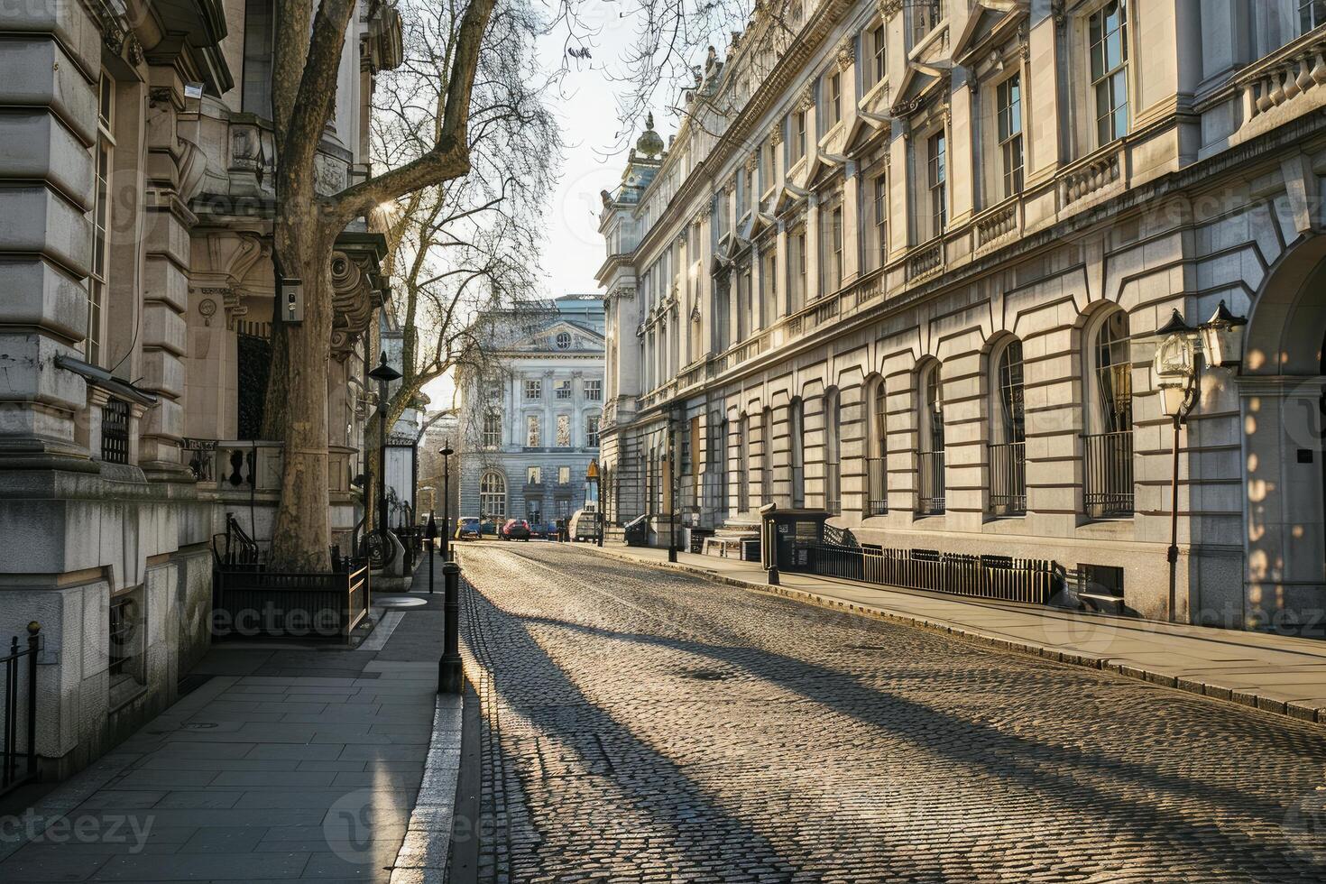 Empty cobblestone street passing through old london england buildings in morning light photo